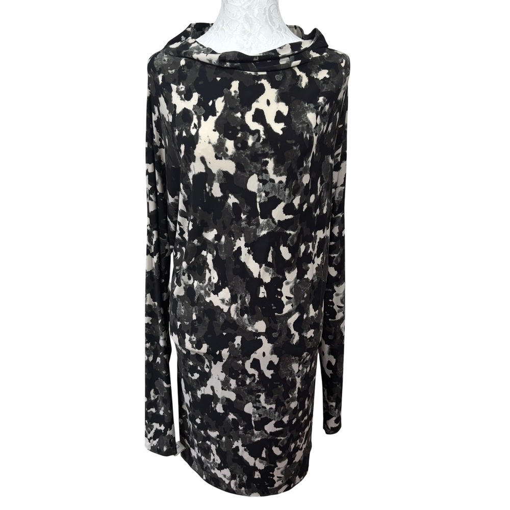 Norma Kamali Black Cowl Neck Abstract Camo Long Sleeve Tunic Mini Dress Womens L
